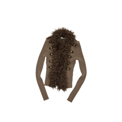 Rib-Knit Fitted Wool-Collar Cardigan
