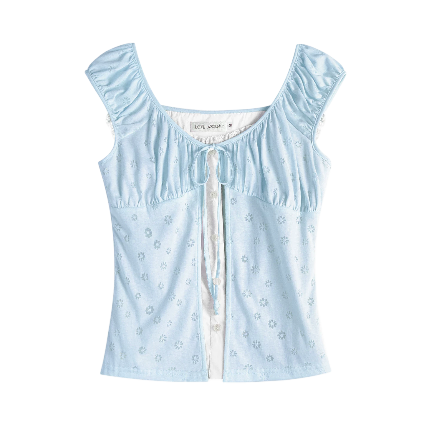 Two-Layer Floral Cutout Contrast Tie-Front Blouse