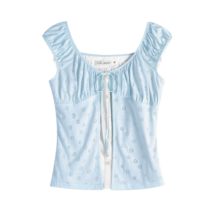 Two-Layer Floral Cutout Contrast Tie-Front Blouse