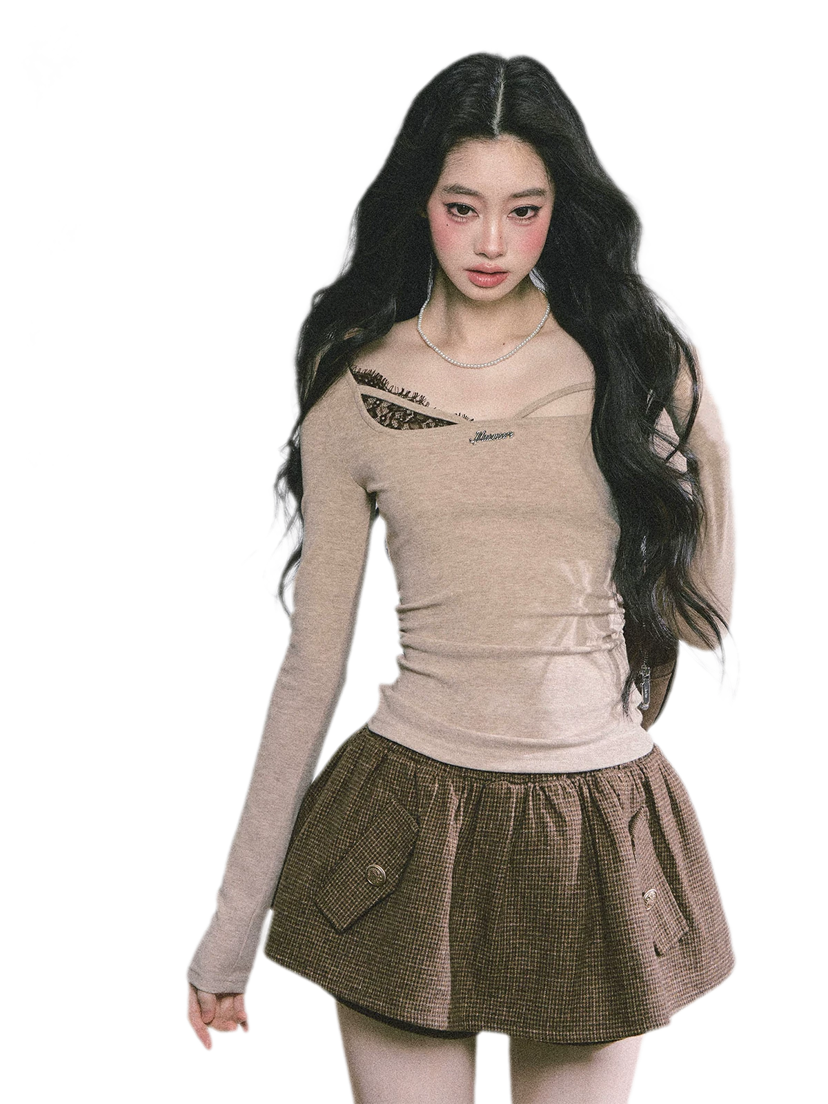 Lace Panel Fitted Long-Sleeve Top