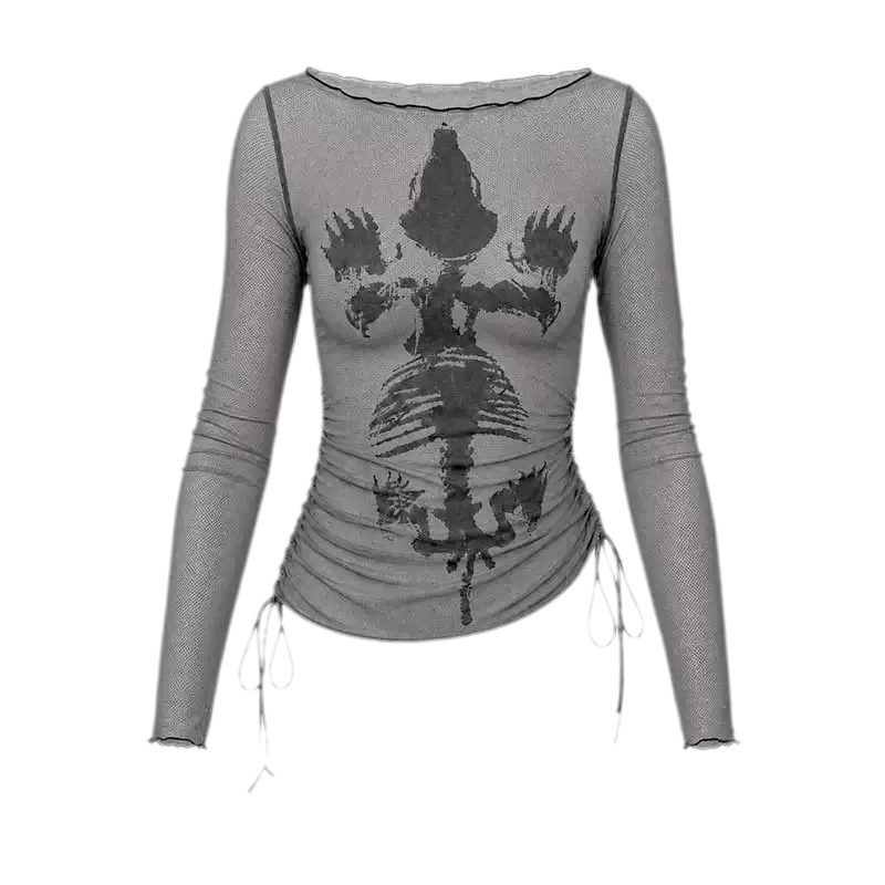 Sheer Asymmetric Skeleton Print Top