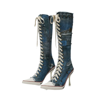 Studded Lace-Up Knee-High Boots