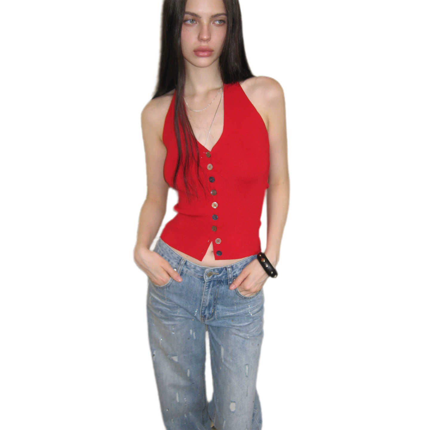 Tencel Halter Button Top
