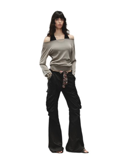 Printed Waistband Drawstring Multi-Pocket Low-Waist Cargo Pants