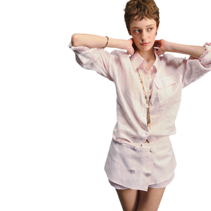 Linen Satin Waist-Cinched Shirt &amp; Skirt Set