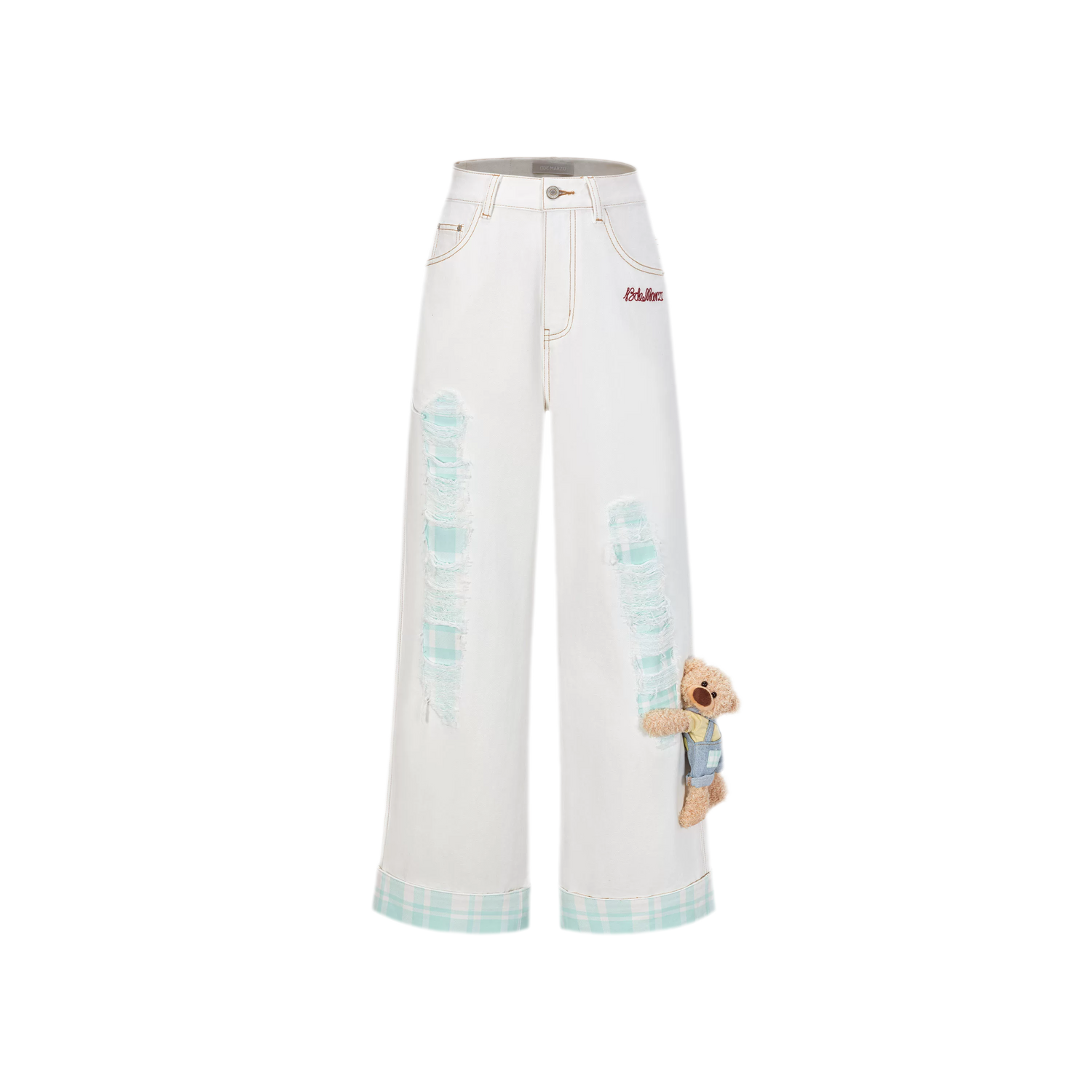 Plaid Cuff Embroidered Jeans