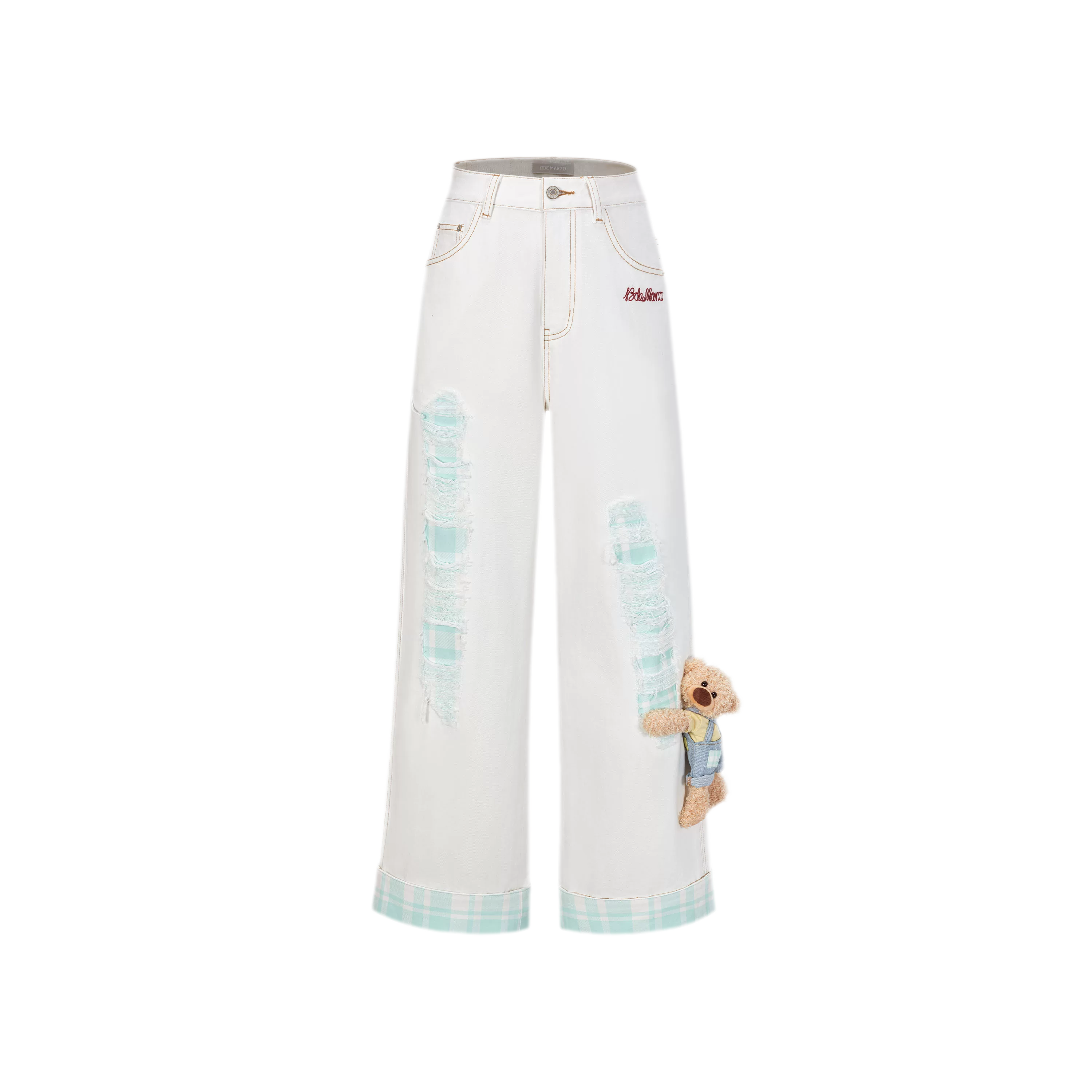 Plaid Cuff Embroidered Jeans