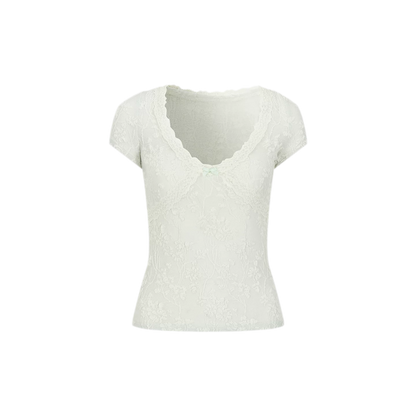 Lace-Trim Jacquard V-Neck Slim T-Shirt
