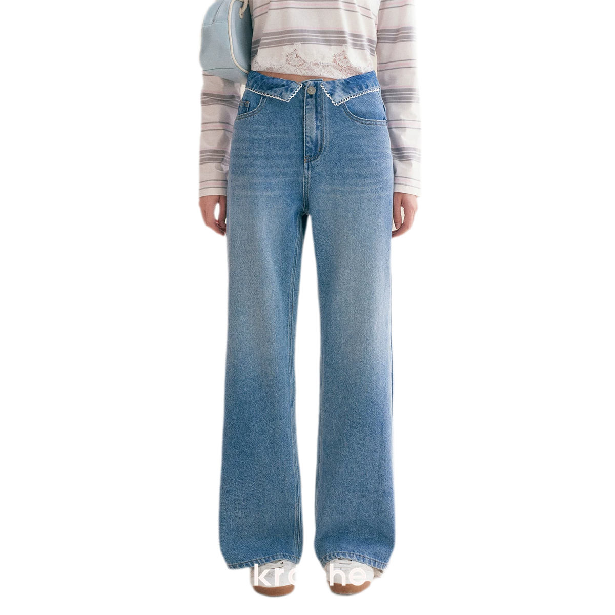 Cotton Lace-Trim Wide-Leg Jeans