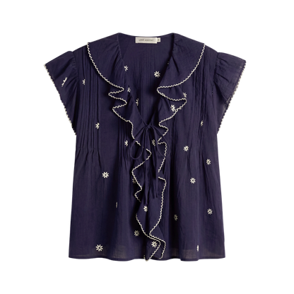 Cotton-Feel Embroidered Ruffle Sleeve Blouse