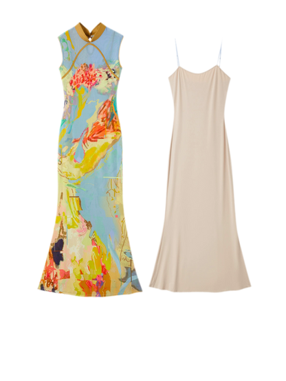 Roman Poem Printed Sleeveless Qipao Dress