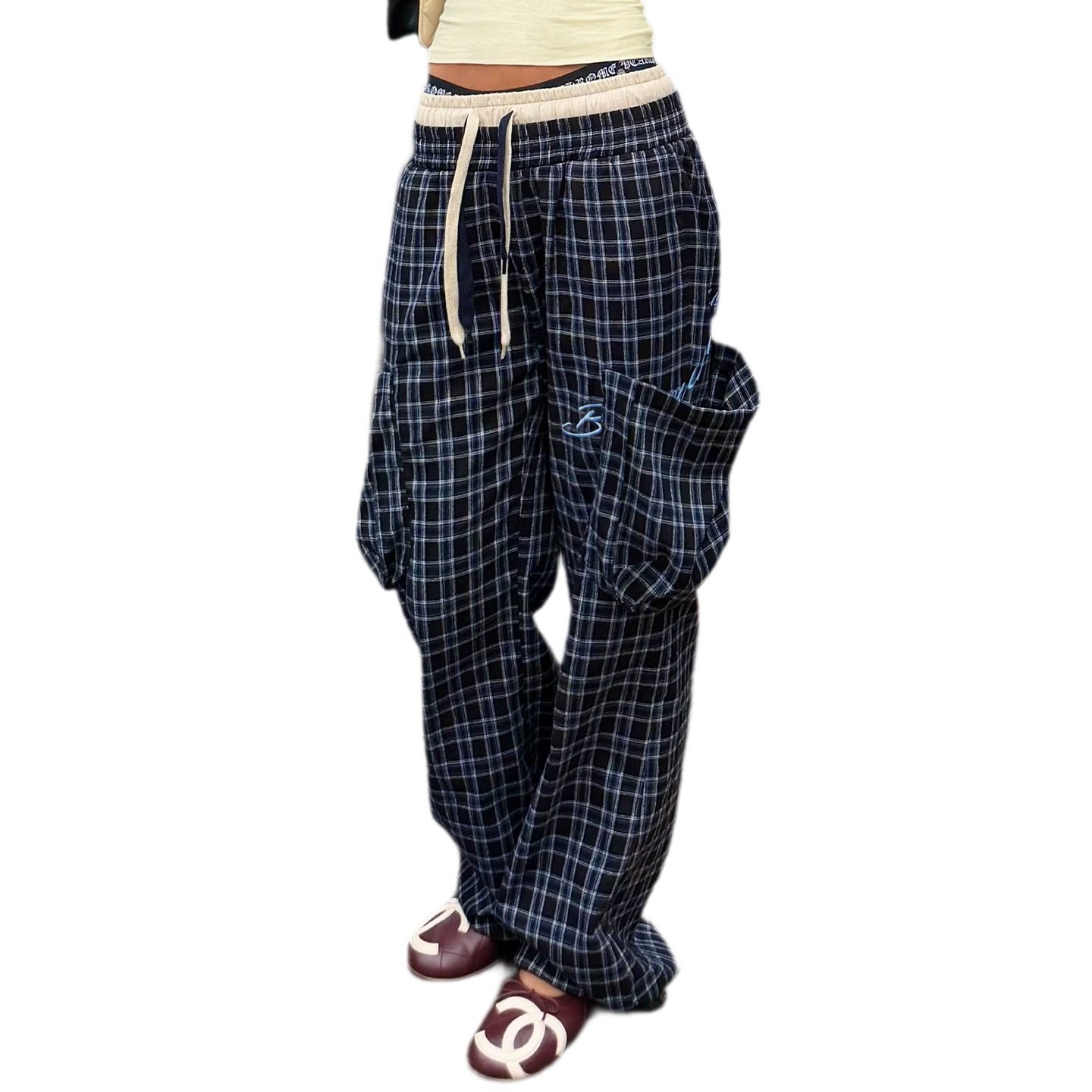 Plaid Drawstring Cargo Pants