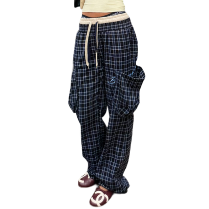 Plaid Drawstring Cargo Pants
