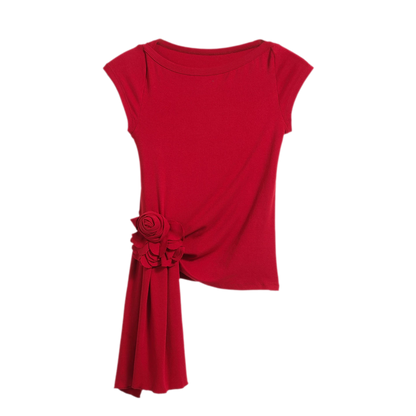 Asymmetric Flower Short Sleeve Top