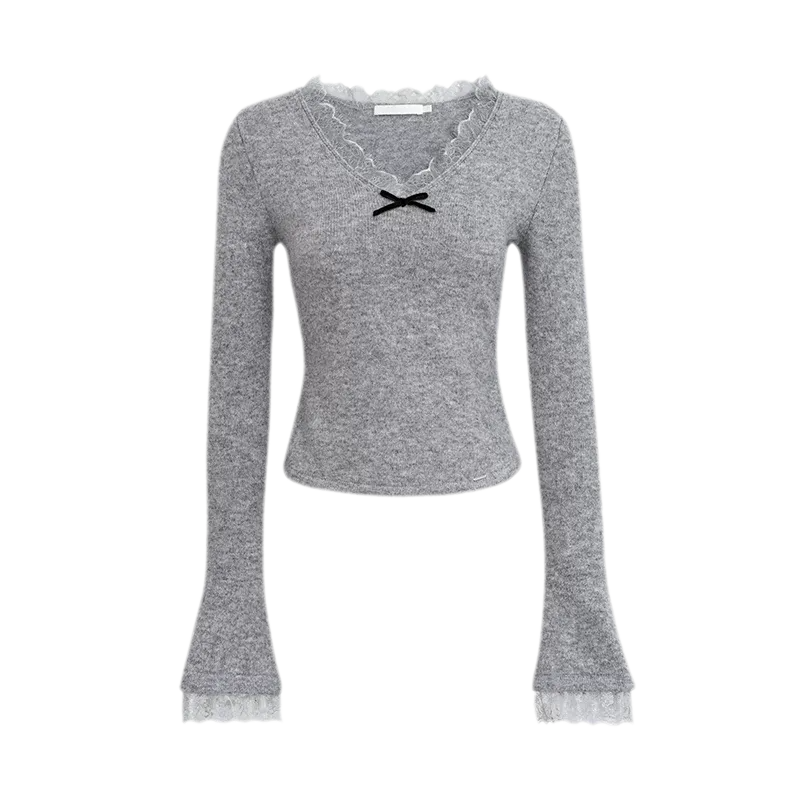 Lace Bow V-Neck Knit Top