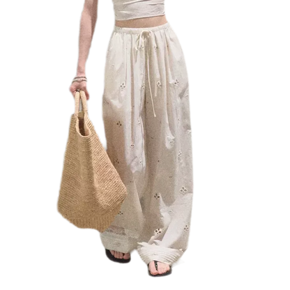Cotton Eyelet Wide-Leg Pants