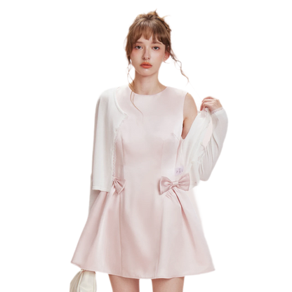 Pearlescent Satin Waist-Tie Dress