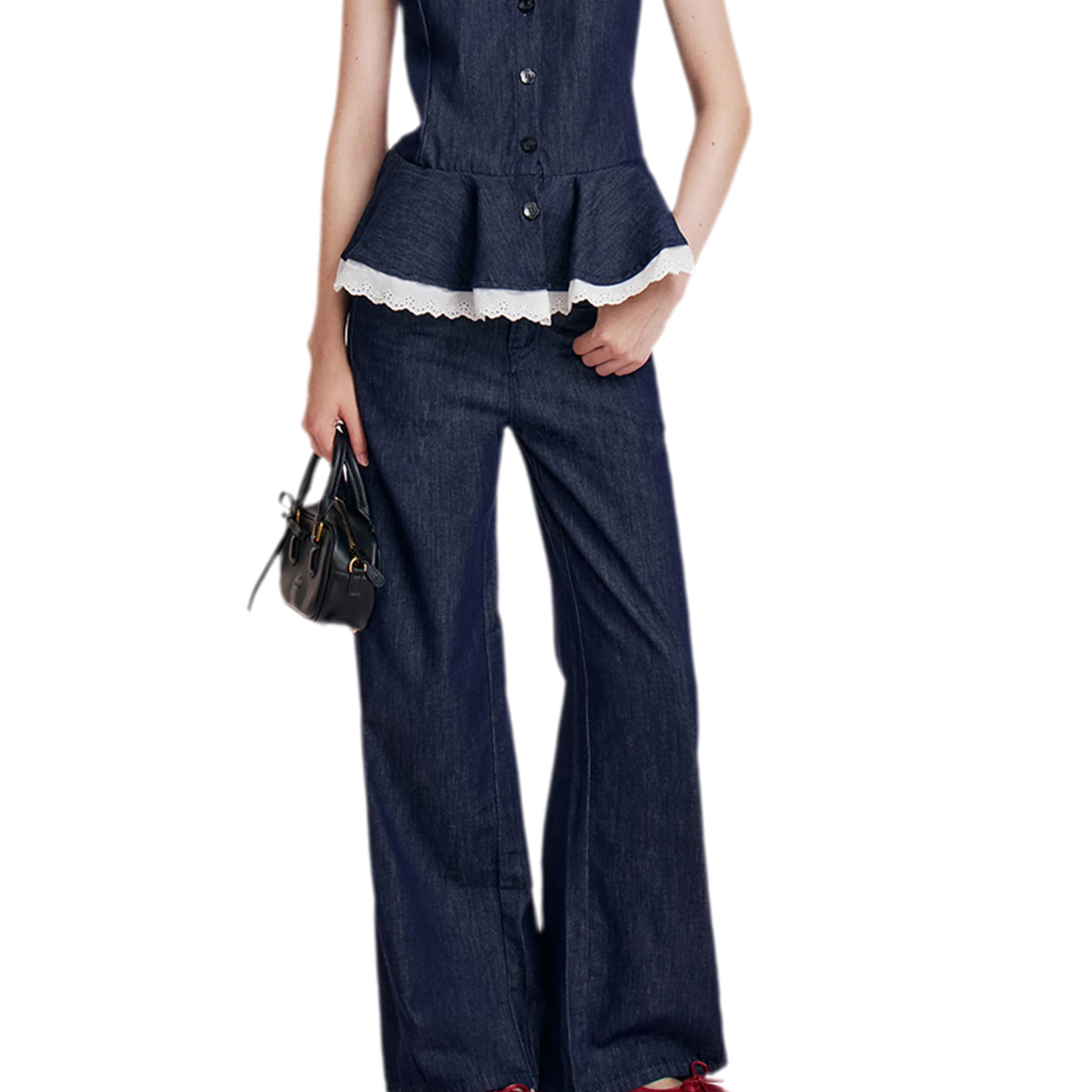 Lace Trim Peplum Denim Set
