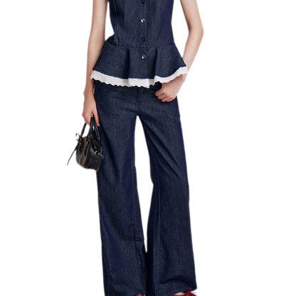 Lace Trim Peplum Denim Set