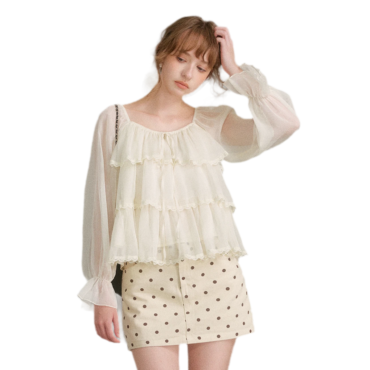 Chiffon Ruffle Lantern Sleeve Blouse