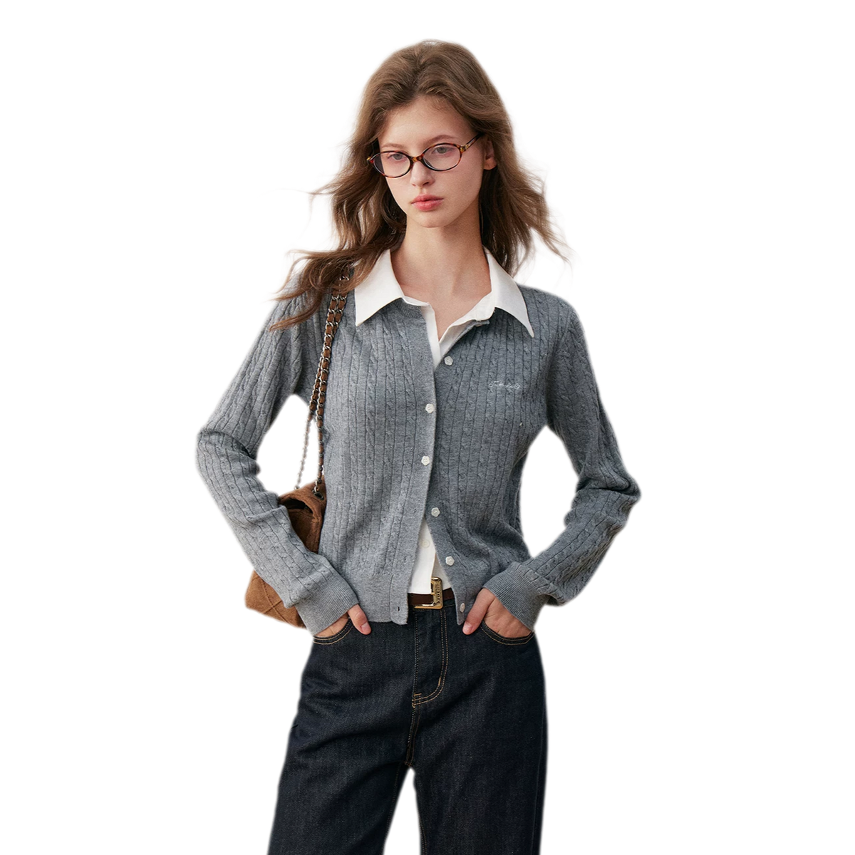 Cardigan en maille torsadée avec empiècement chemise