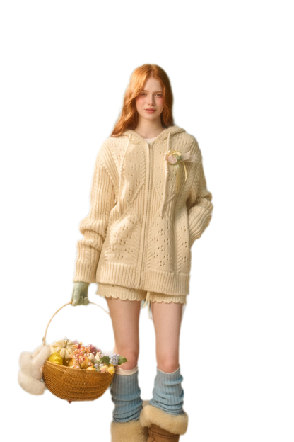 Completo con cappuccio in maglia a trecce