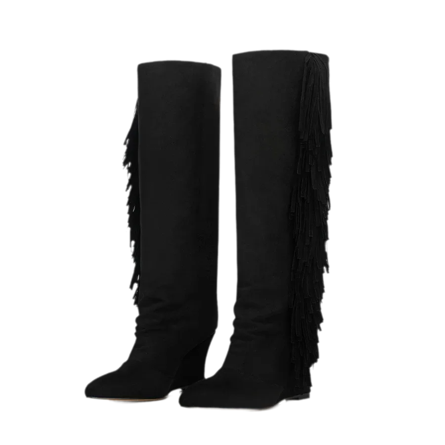 Suede Fringe Wedge Boots