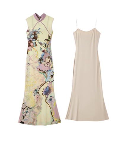 Roman Poem Printed Sleeveless Qipao Dress
