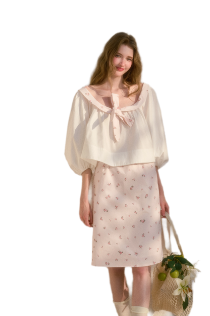Floral Puff-Sleeve Blouse Skirt Set