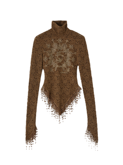 Rose Embellished High Neck Slim Lace Top