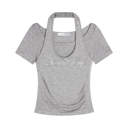 Lyocell Rhinestone Pleated Short Sleeve T-Shirt
