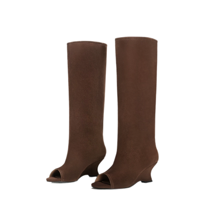 Suede Textured Open-Toe Wedge Boots