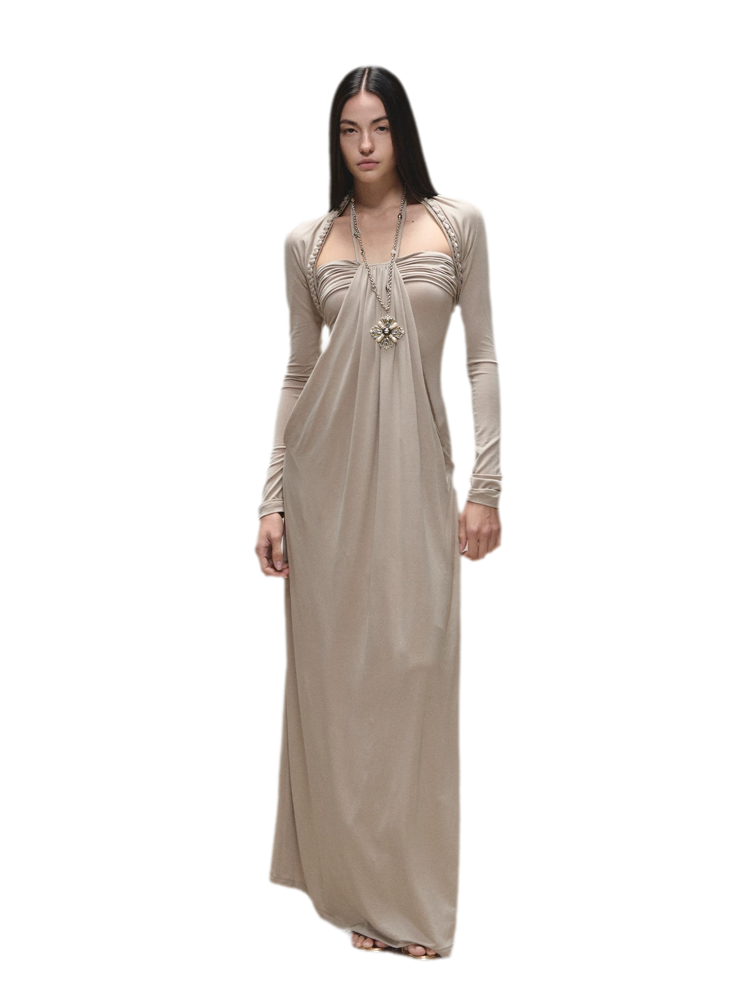Laisel Handwoven Twist Metallic Chain Pleated Halter Dress