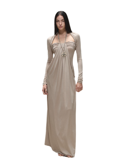 Laisel Handwoven Twist Metallic Chain Pleated Halter Dress