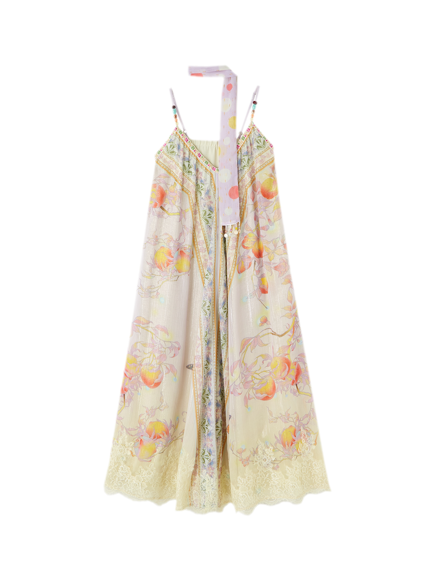 Peach Branch Print Metallic Chiffon Dress