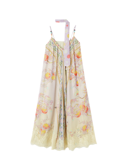 Peach Branch Print Metallic Chiffon Dress