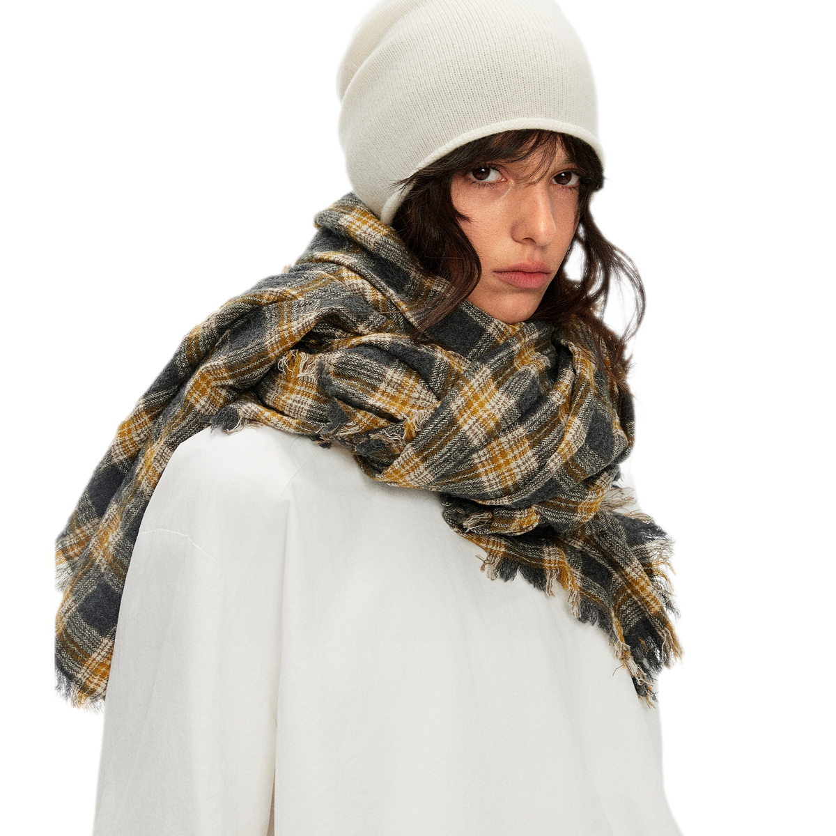 Wool Plaid Fringed Scarf