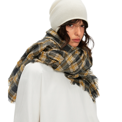 Wool Plaid Fringed Scarf