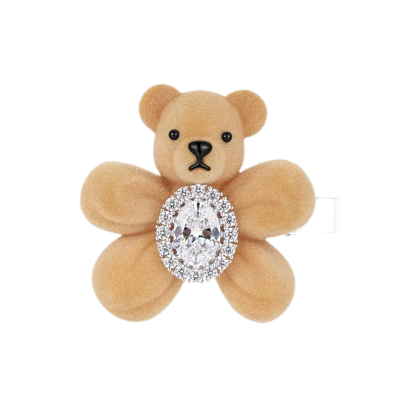 Pinza para el cabello con oso flocado y piedras preciosas