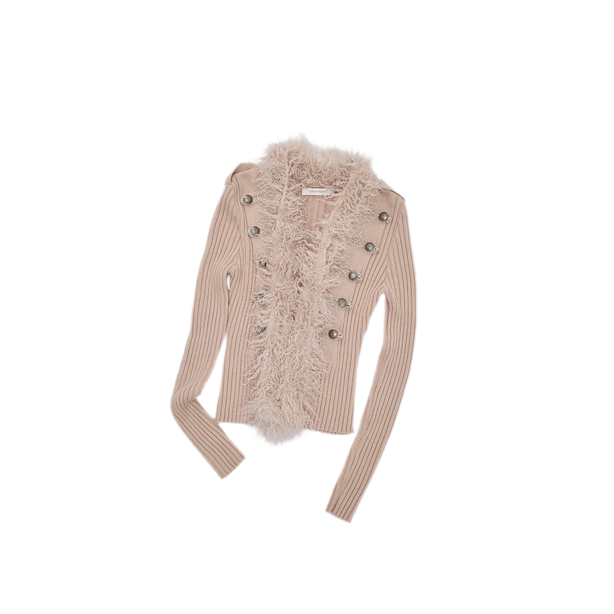 Rib-Knit Fitted Wool-Collar Cardigan