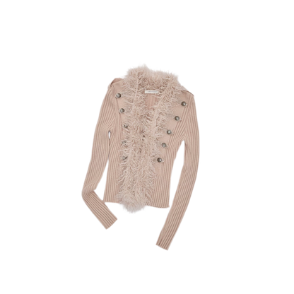 Rib-Knit Fitted Wool-Collar Cardigan