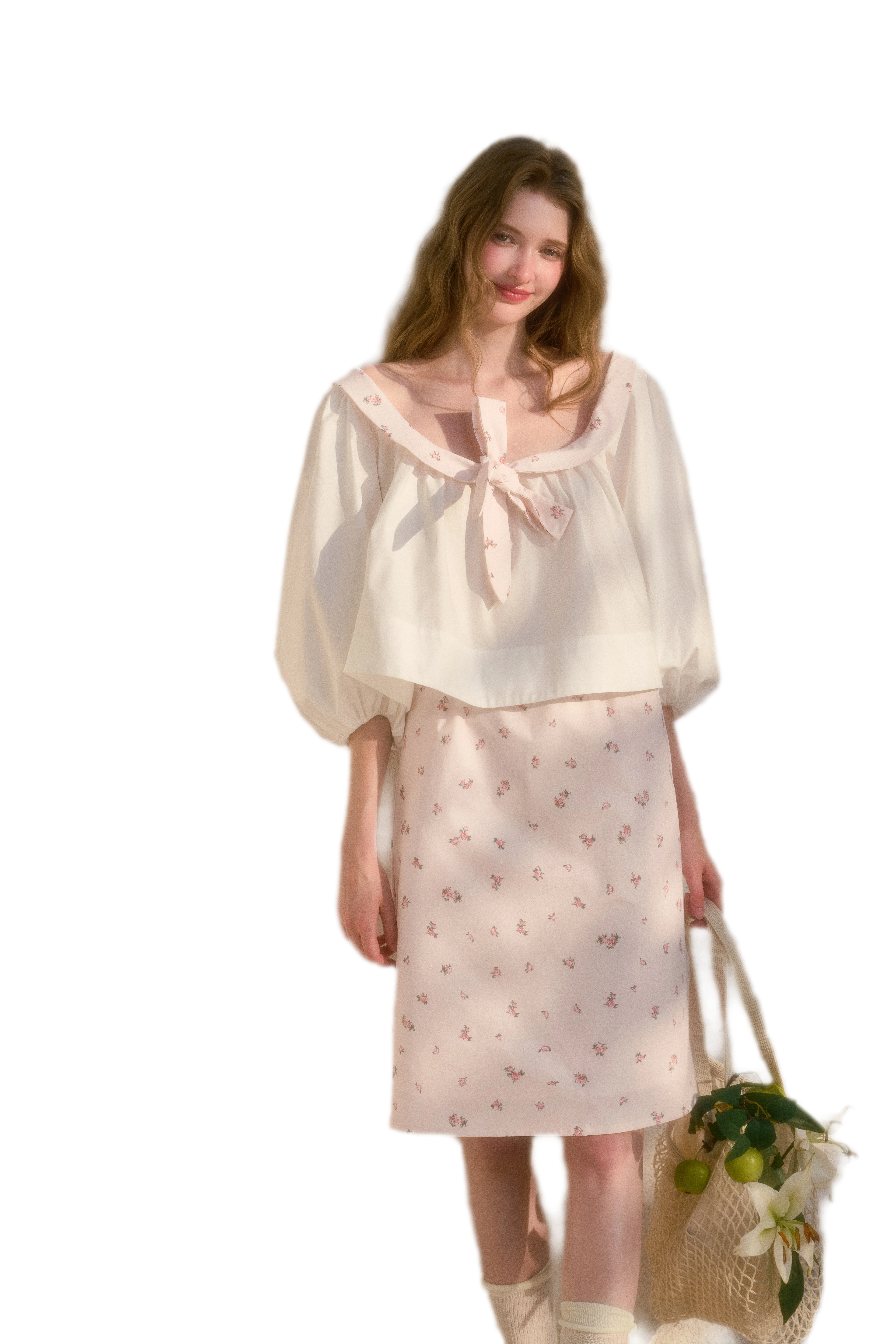 Floral Puff-Sleeve Blouse Skirt Set