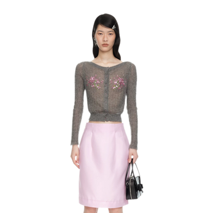 Beaded Floral Fitted Knit Top