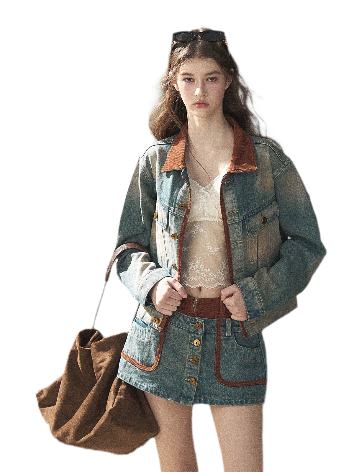 Washed Denim Jacket Skirt Set