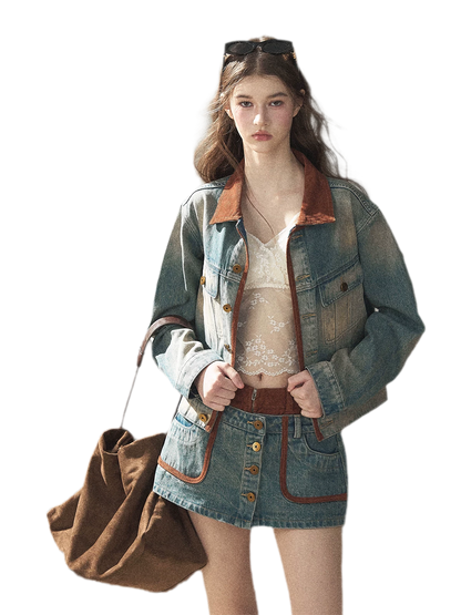 Washed Denim Jacket Skirt Set