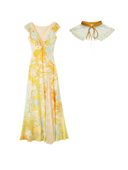 Gold Embroidered Lace Tea Dress