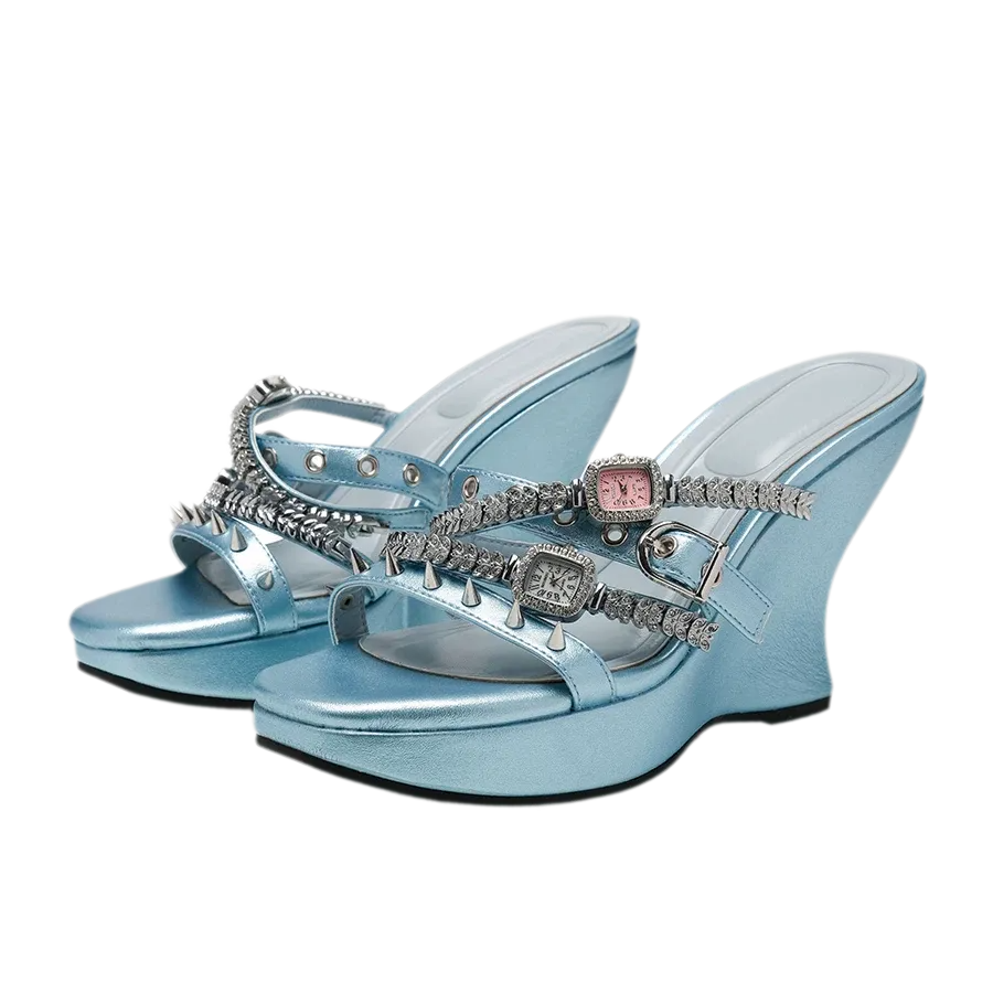 Rhinestone Strap Wedge Mules