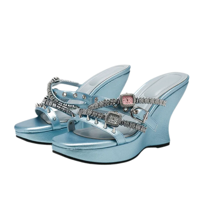 Rhinestone Strap Wedge Mules