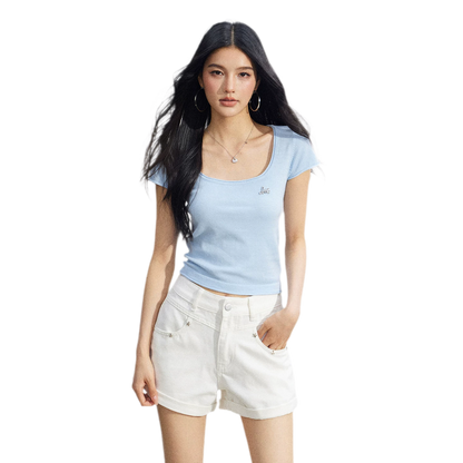 Candy Color U-Neck Short Sleeve T-Shirt
