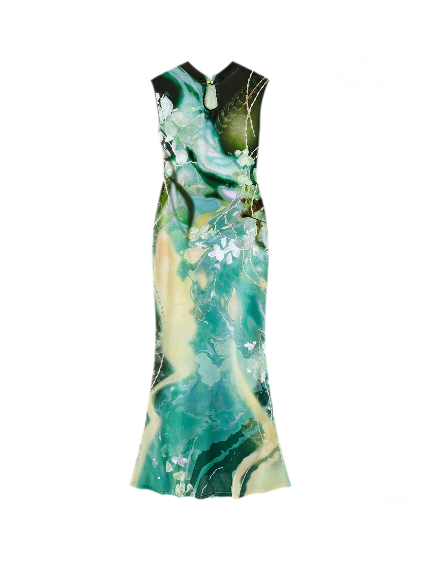 Black Rose Impressionist Print High-Waist Mermaid Dress
